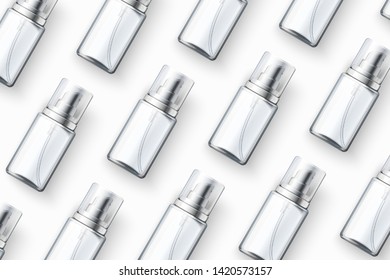 Vector template - realistic cosmetics spray bottles on table, mockup for your package design