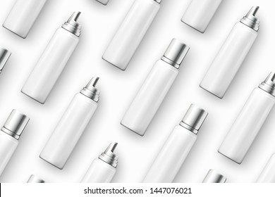 Vector template - realistic cosmetics spray bottles on table, mockup for your package design