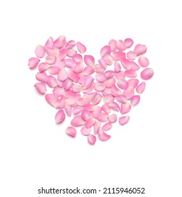 Vector template of realistic heart shaped pink rose petals on isolated background. Illustration for design of love greeting card, March 8, Valentines Day, wedding invitation. Romantic wallpaper