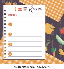 Vector template of recipe card. Kitchen shower card. Vector illustration