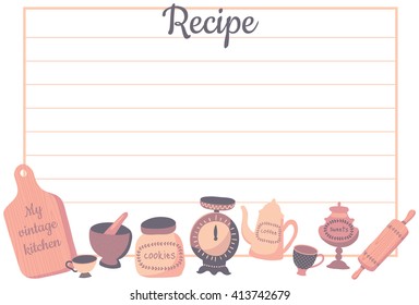 Vector Template Of Recipe Card, Vintage Kitchenware, Set Of Utensils