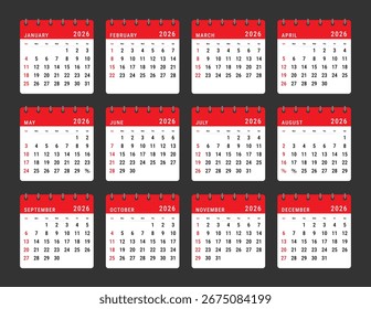 Vector template of red 2026 calendar layout with all months, clean and modern design