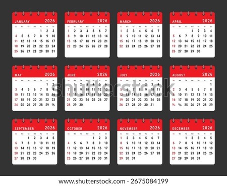 Vector template of red 2026 calendar layout with all months, clean and modern design