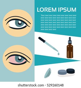 Vector template. Redness of the eye drops and contact lenses. Place for text.