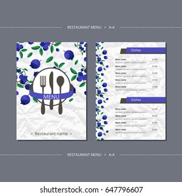 Vector template restaurant menu with blueberries and leaves