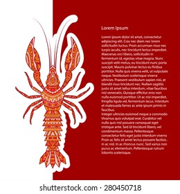 Vector template for restaurant menu with crawfish. The page design for the directory with cancer. Crustaceans with ethnic ornament.