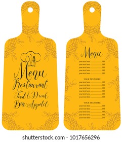 Vector template restaurant menu in the form of cutting board with price list, chef hat, cutlery, curls and handwritten inscriptions in art deco style on yellow background