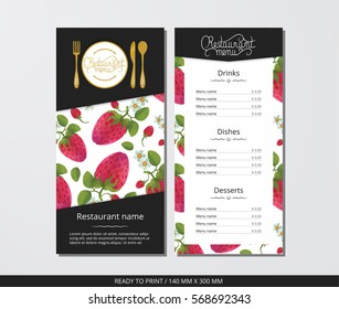Vector template restaurant menu with gold cutlery and strawberry with leaves