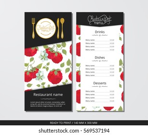 Vector template restaurant menu with gold cutlery and raspberries