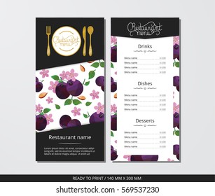 Vector template restaurant menu with gold cutlery and plum blossom