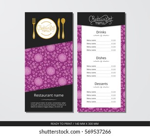 Vector template restaurant menu with gold cutlery and roses