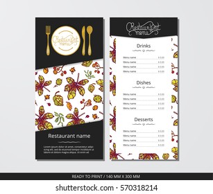 Vector template restaurant menu with gold cutlery and autumn leaves