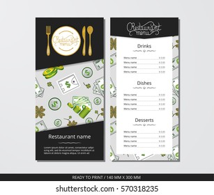 Vector template restaurant menu with gold cutlery and pattern success and money