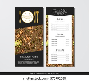 Vector template restaurant menu with gold cutlery and pattern pumpkins and leaves