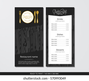 Vector template restaurant menu with gold cutlery and pattern grey wood