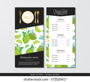 Vector template restaurant menu with gold cutlery and pattern  lime and flower