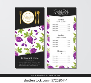 Vector template restaurant menu with gold cutlery and bunch of grapes with leaves