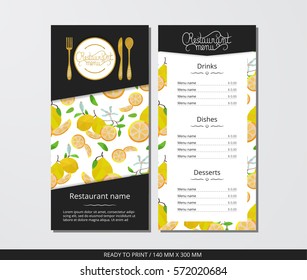 Vector template restaurant menu with gold cutlery and pattern lemons and flowers