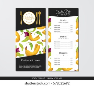 Vector template restaurant menu with gold cutlery and pattern bananas and flower