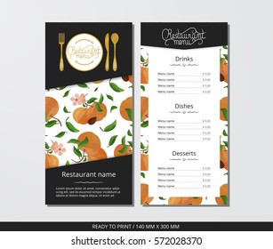 Vector template restaurant menu with gold cutlery and pattern peach with flower