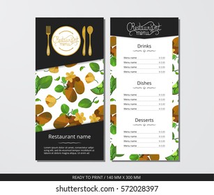 Vector template restaurant menu with gold cutlery and pattern kiwi with flower