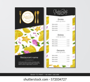 Vector template restaurant menu with gold cutlery and pattern carambola with flower