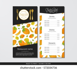 Vector template restaurant menu with gold cutlery and pattern persimmon with flower