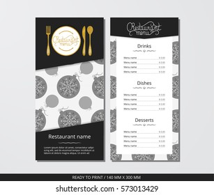 Vector template restaurant menu with gold cutlery and pattern Christmas ball and white snowflake