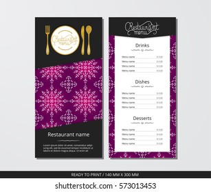 Vector template restaurant menu with gold cutlery and pattern snowflake and lilac sky
