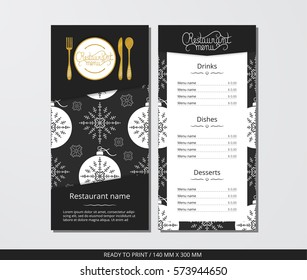 Vector template restaurant menu with gold cutlery and pattern Christmas ball and grey snowflake