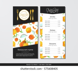 Vector template restaurant menu with gold cutlery and pattern onion with slice