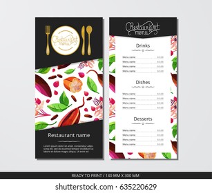 Vector template restaurant menu with gold cutlery and cacao with flowers