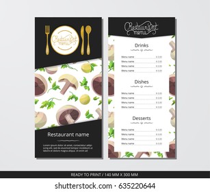 Vector template restaurant menu with gold cutlery and mushrooms with parsley