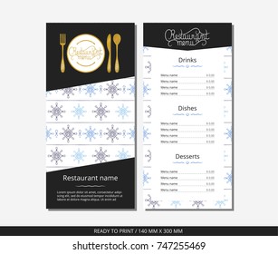Vector template restaurant menu with gold cutlery and pattern white and blue snowflake with stripes
