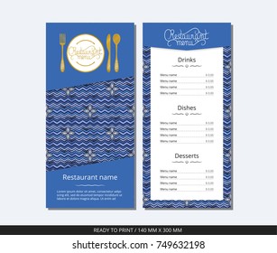Vector template restaurant menu with gold cutlery and pattern snowflakes and blue stripes