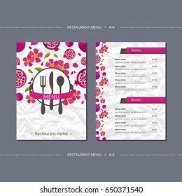 Vector template restaurant menu with pomegranate and flower