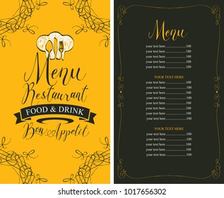 Vector template restaurant menu with price list, chef hat, cutlery, curls and handwritten inscriptions on yellow and black background in retro style