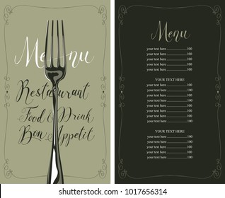 Vector template restaurant menu with price list, realistic fork and handwritten inscriptions in frame with curls in retro style