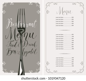 Vector template restaurant menu with price list, realistic fork and handwritten inscriptions in frame with curls in retro style