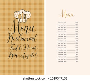 Vector template restaurant menu with price list, chef hat, cutlery and handwritten inscriptions on a background of checkered tablecloth in retro style