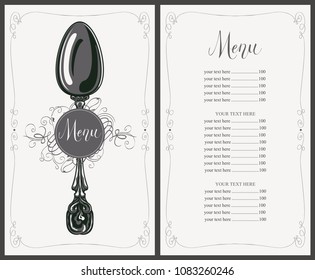 Vector template restaurant menu with price list, realistic spoon and handwritten inscriptions in figured frame with curls in retro style