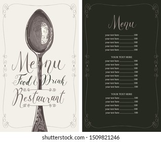 Vector template restaurant menu with price list, realistic spoon and handwritten inscriptions in frame with curls in retro style