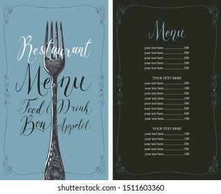 Vector template restaurant menu with price list, realistic fork and handwritten inscriptions in frame with curls in retro style