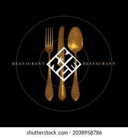 Vector template of a restaurant menu with a vintage fork, knife and spoon in gold color on a black background. Decorative banner with old cutlery and inscriptions in retro style