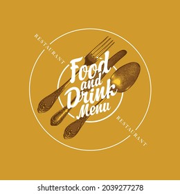 Vector template of a restaurant menu with a vintage cutlery and inscriptions in retro style. Advertising banner with an old fork, knife and spoon in gold color on a mustard background