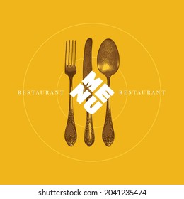 Vector template of restaurant menu with vintage fork, knife and spoon on a yellow background. Decorative banner with old cutlery and inscriptions in retro style