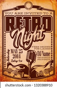 Vector template in retro style for party with guitars and microphone.