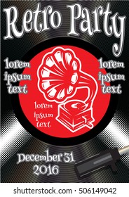 vector template in retro style for the party with vinyl records and gramophone