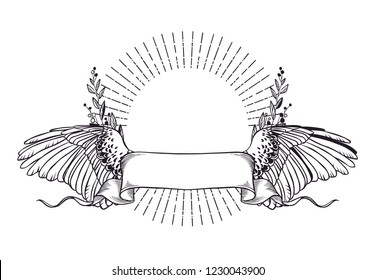 Vector template with ribbon, bird wings on white background.