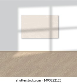 Vector template of room interior with parquet floor, picture on the wall, overlay window shadow. Trendy mockup with realistic shadow. Background with copy space for text, offers, sale, advertising.